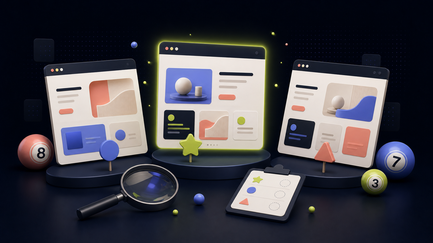 Three playful website designs arranged for a tool comparison