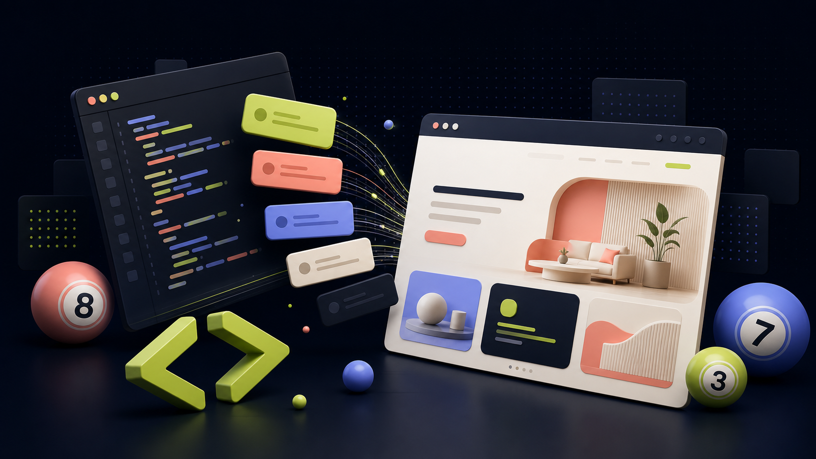 Colorful code panels arranged around a finished website